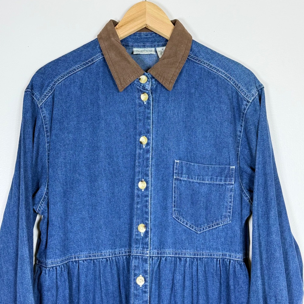 Vintage 90s Laura Gayle Womens Denim Maxi Dress Size M Western Prairie Modest - Picture 2 of 9